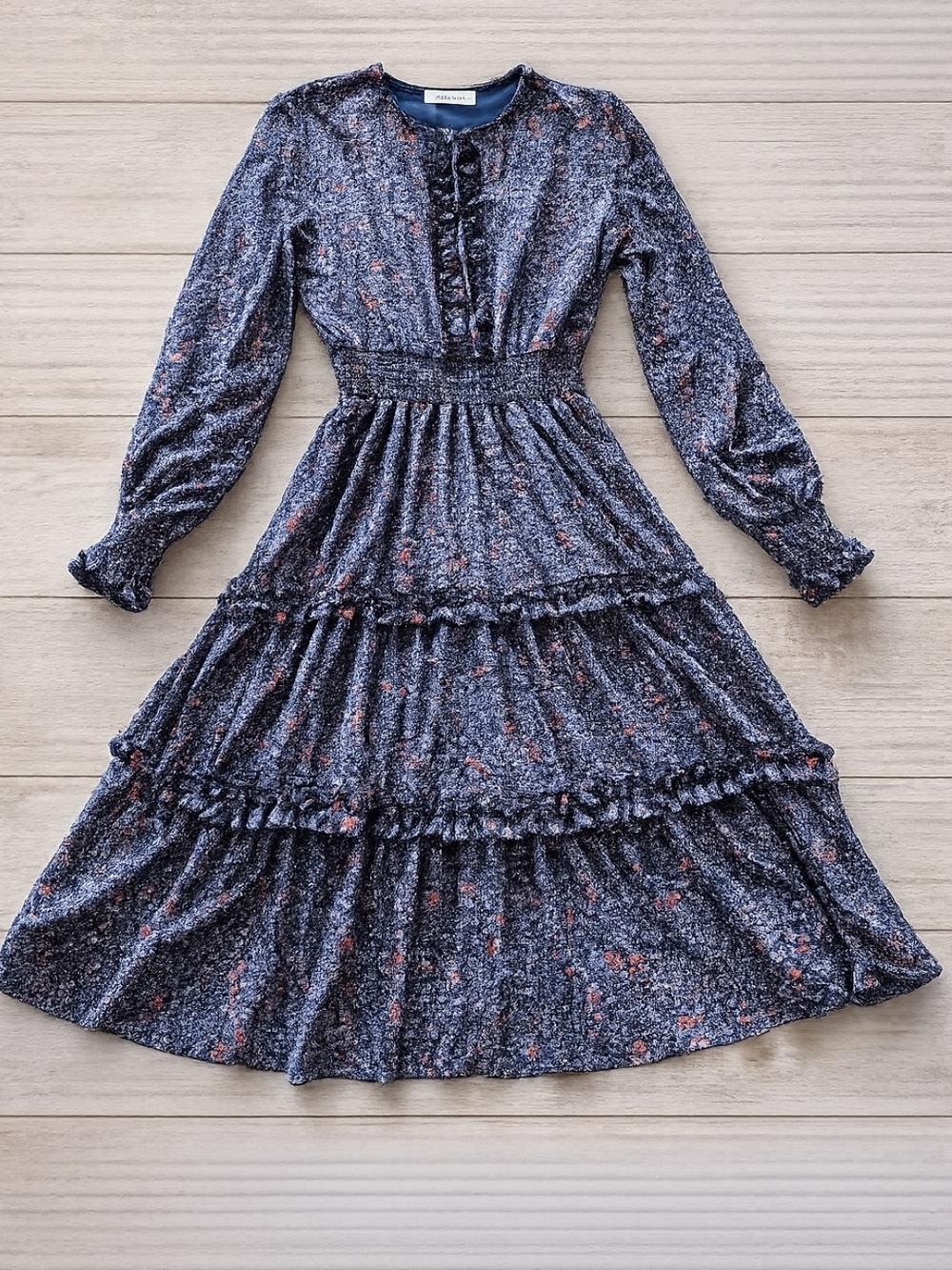 Adina Las Vegas Blue Floral Cottagecore Prairie Smocked Ruffle Midi Dress L - Picture 1 of 15